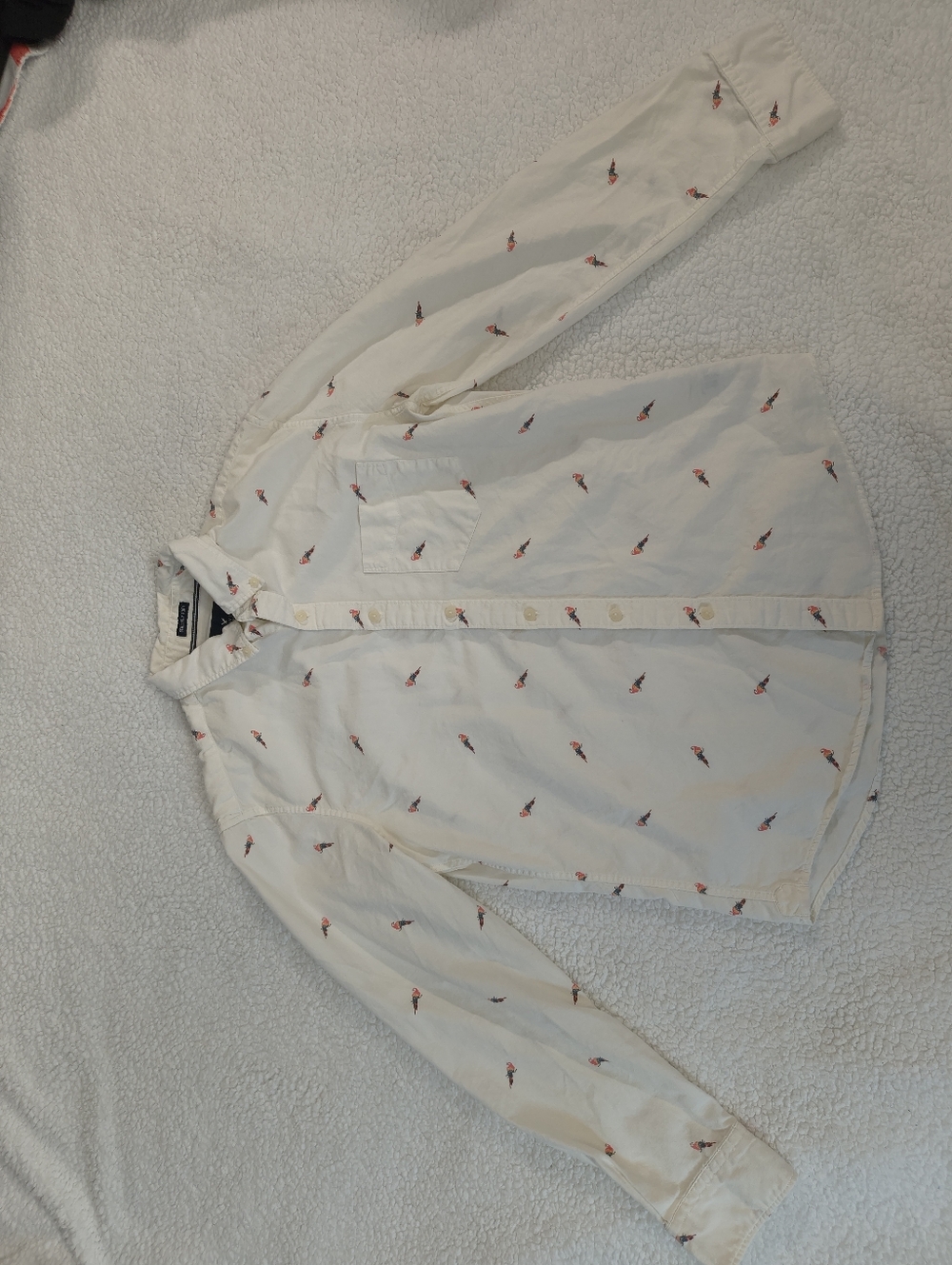 American Eagle Outfitters Cream Button-Up Shirt with Red Bird Embroidery